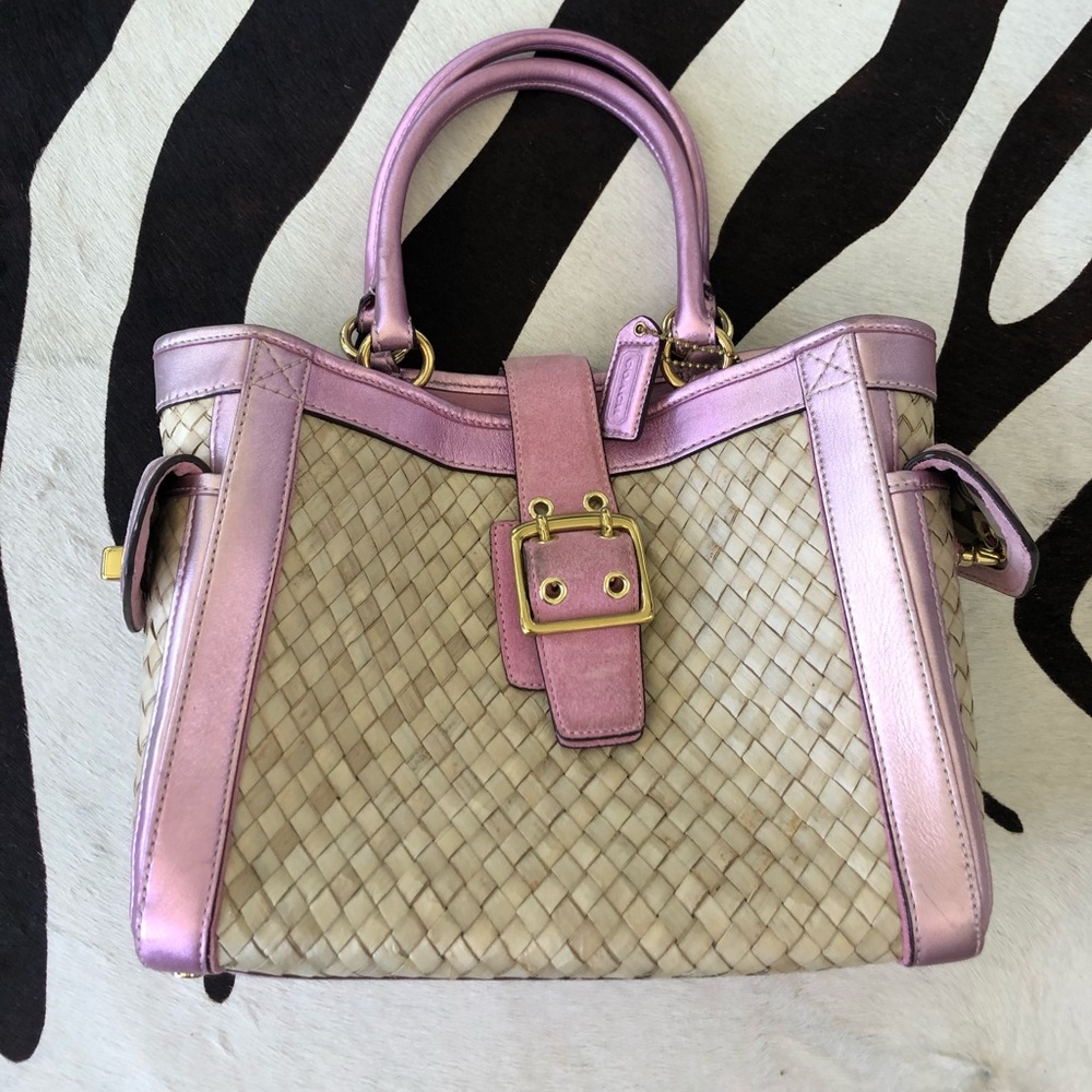 Coach straw and pink metallic leather detail bag